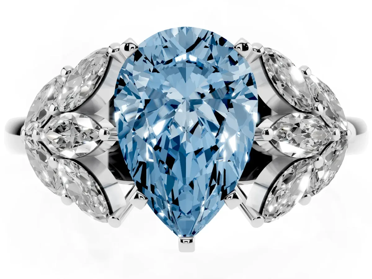 Fancy Blue Pear Cut Diamond Cluster Leaf Design Ring with Prong Setting Platinum