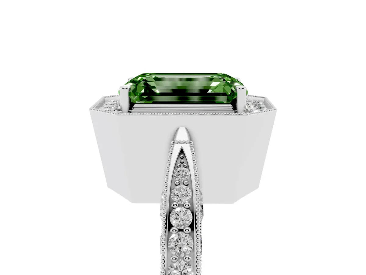 Fancy Green Emerald Cut Halo Diamond Engagement Ring with Split Shank Band and Four-Prong Setting Silver