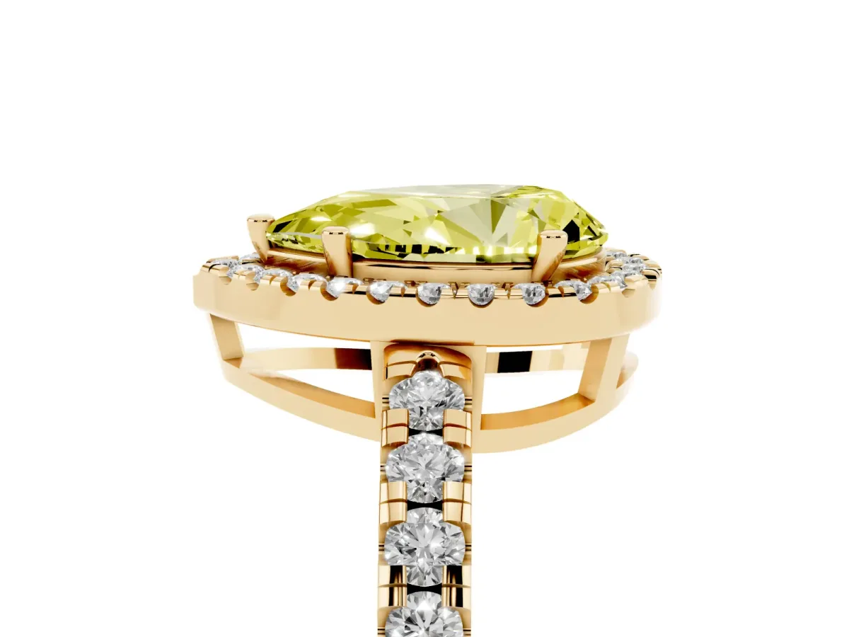 Fancy Yellow Pear Cut Diamond Halo Ring with Pavé Band and Four-Prong Setting Yellow gold
