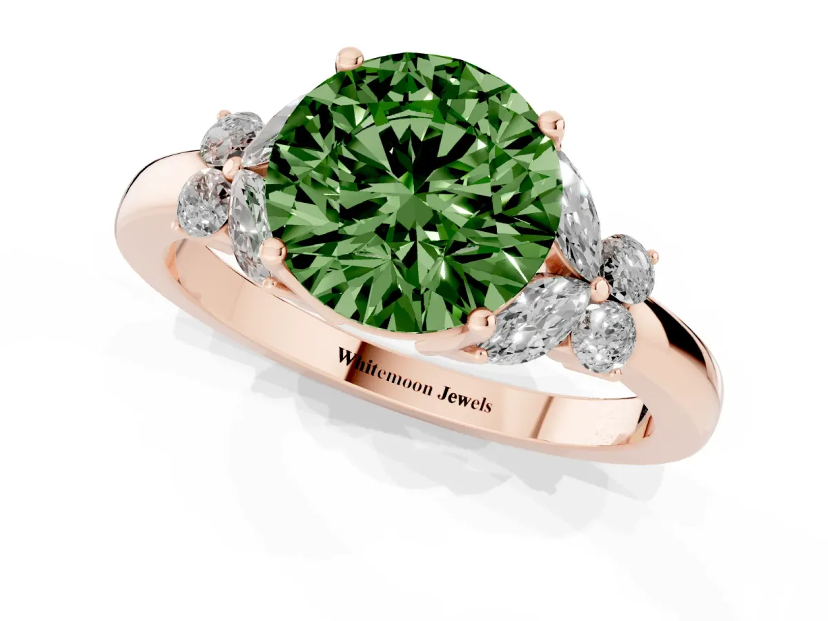 Fancy Green Round Cut Cut Solitaire Floral Diamond Ring with Four-Prong Setting Rose gold