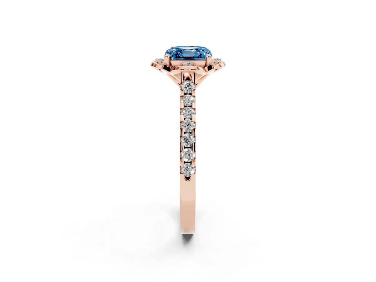 Fancy Blue Asscher Cut Diamond Ring with Pavé Band and Floral Prong Setting Rose gold