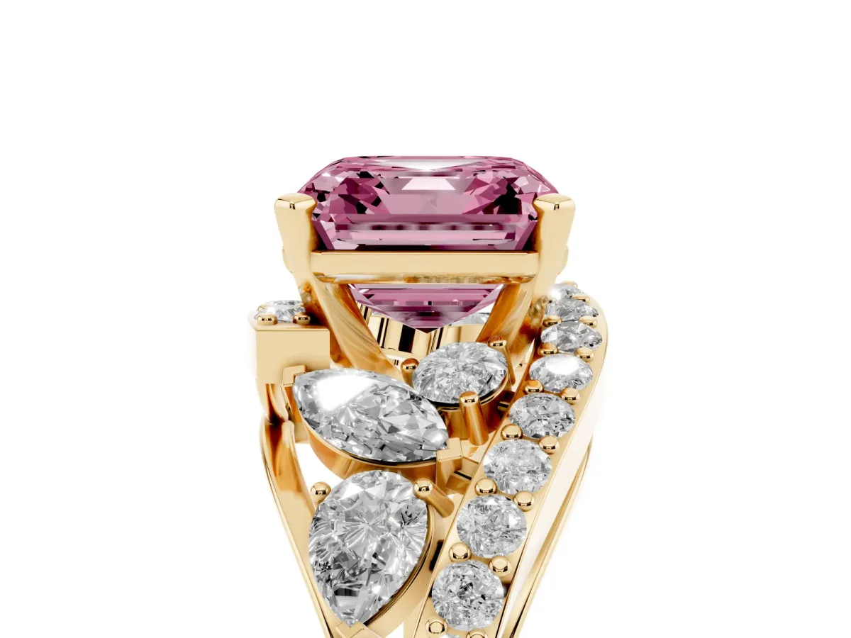 Fancy Pink Asscher Cut Diamond Halo Ring with Marquise and Pavé Band in Prong Setting Yellow gold
