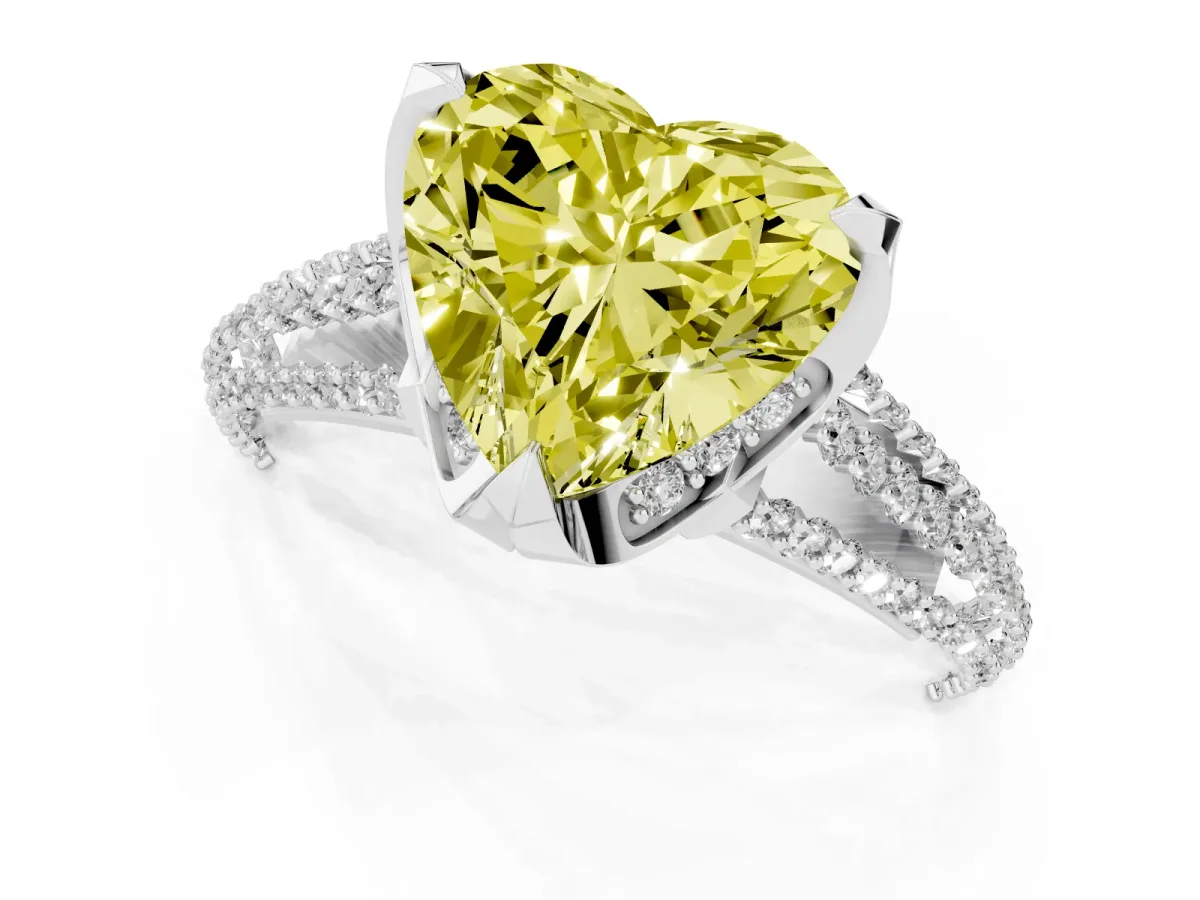 Fancy Yellow Heart Cut Solitaire Pave Split Shank Ring with Four-Prong Setting Silver