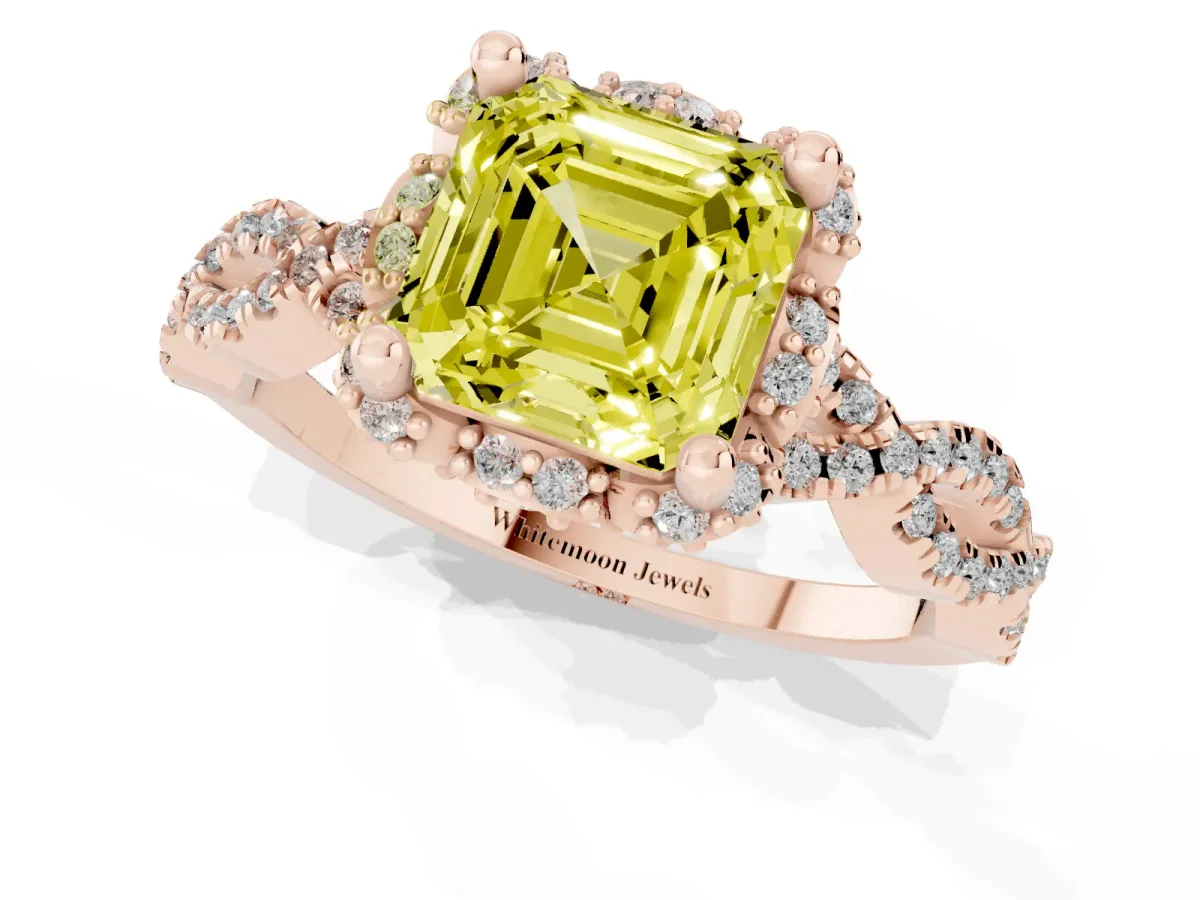 Fancy Yellow Asscher Cut Halo Twist Band Solitaire Ring with Six-Prong Setting Rose gold
