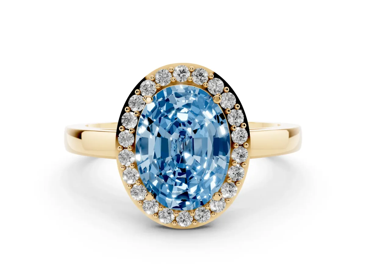 Fancy Blue Oval Cut Halo Diamond Ring with Solitaire Band and Prong Setting Yellow gold