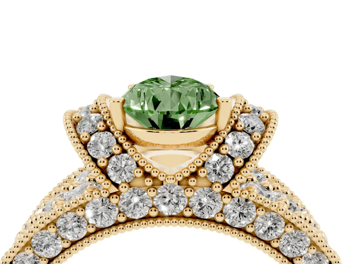 Fancy Green Pear Cut Halo Pave Diamond Engagement Ring with Milgrain Detailing Yellow gold