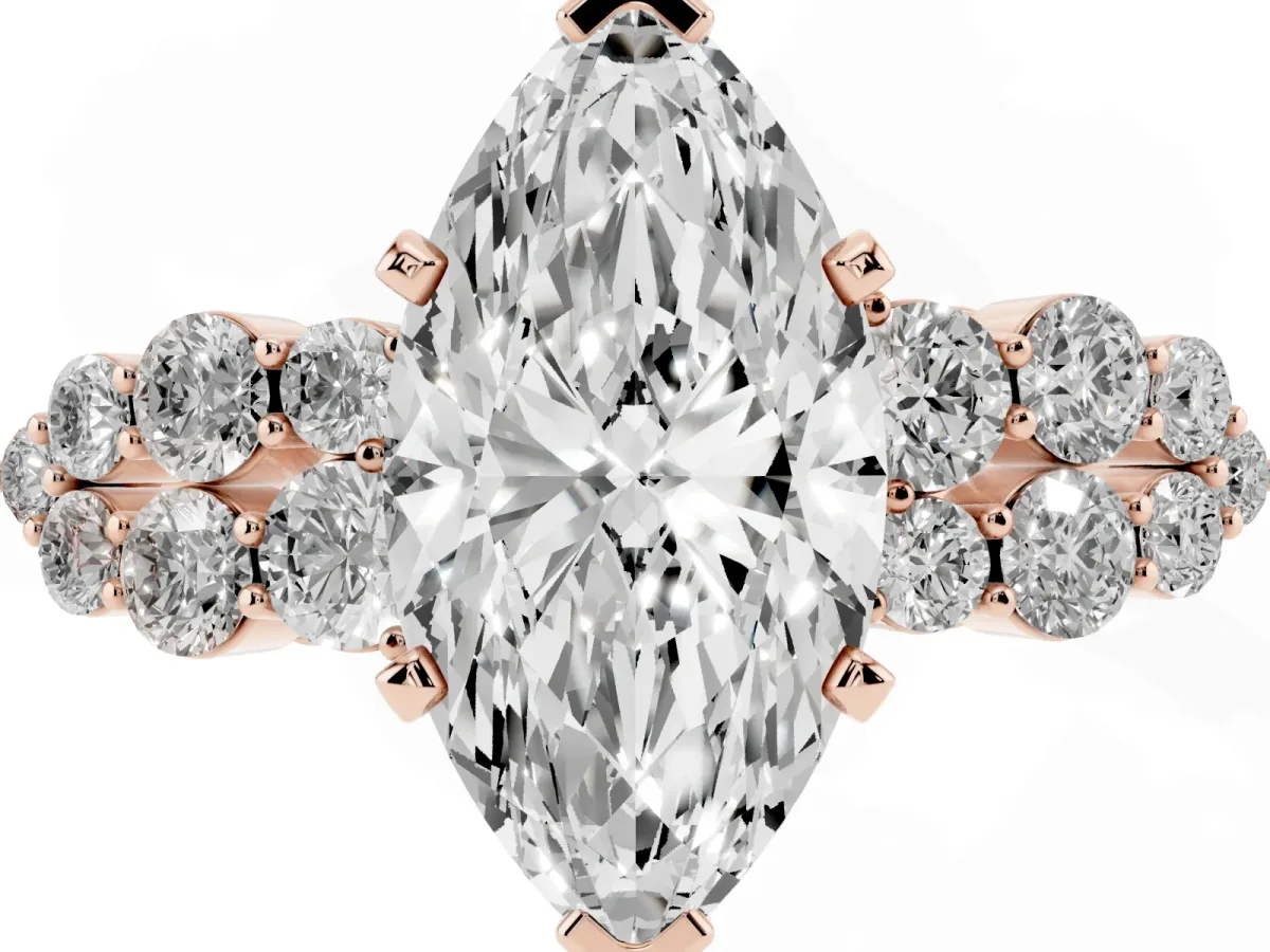 Marquise Cut Cluster Diamond Engagement Ring with Pavé Band and Four-Prong Setting Rose gold