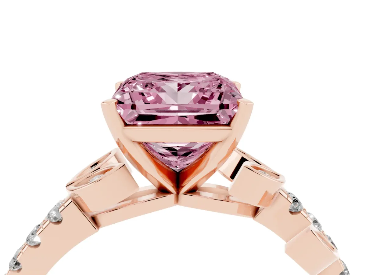 Fancy Pink Princess Cut Solitaire Leaf-Inspired Diamond Ring with Pavé Band and Four-Prong Setting Rose gold