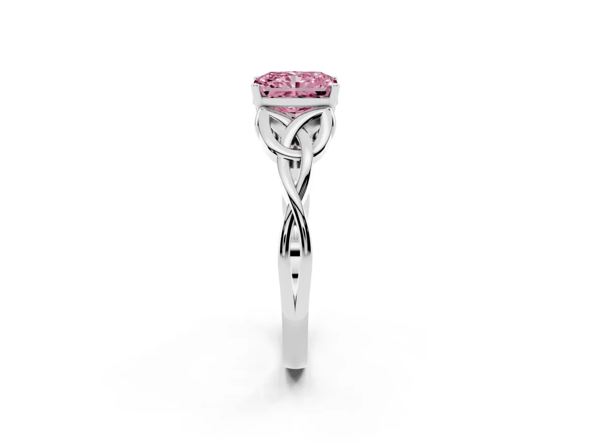 Fancy Pink Radiant Cut Diamond Solitaire Engagement Ring with Celtic Knot Band and Four-Prong Setting Silver