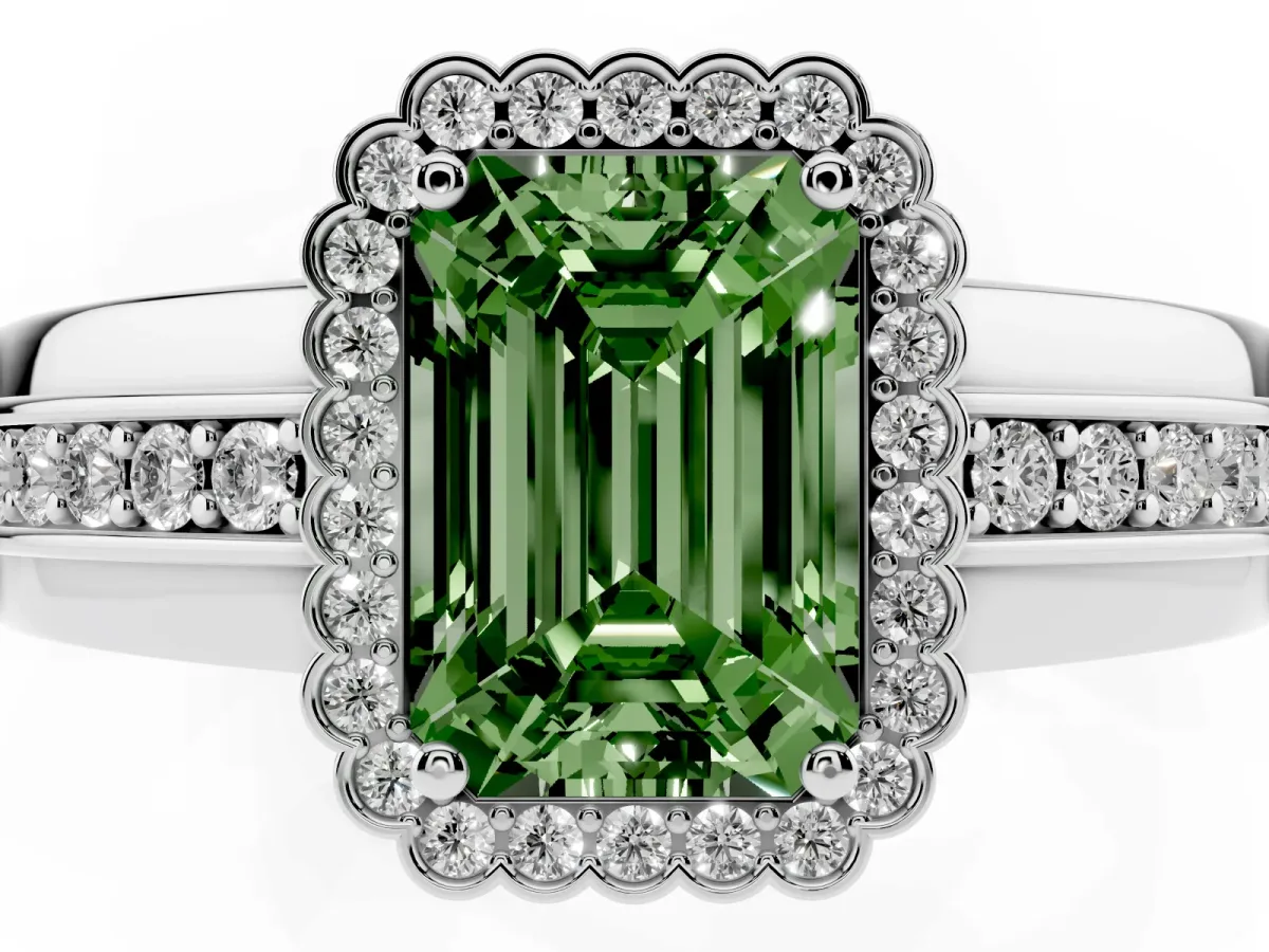 Fancy Green Emerald Cut Cut Halo Pave Band Four-Prong Ring Silver