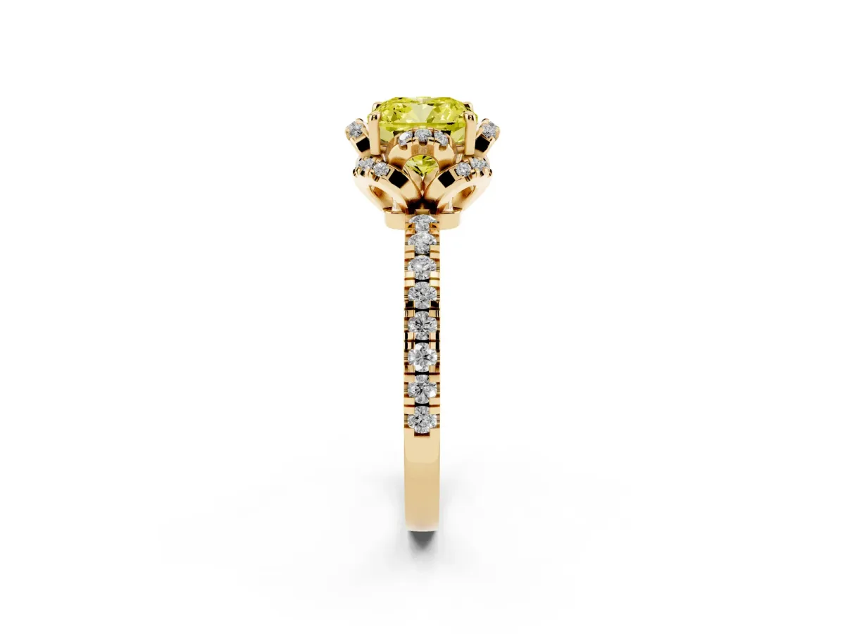 Fancy Yellow Cushion Cut Diamond Halo Pave Band with Four-Prong Setting Yellow gold