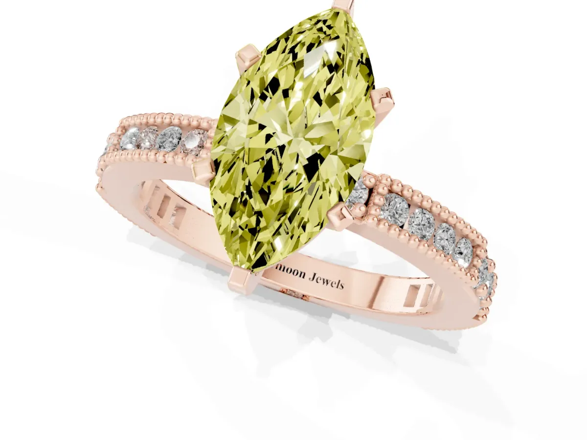 Fancy Yellow Marquise Cut Solitaire with Pavé Band and Four-Prong Setting Rose gold