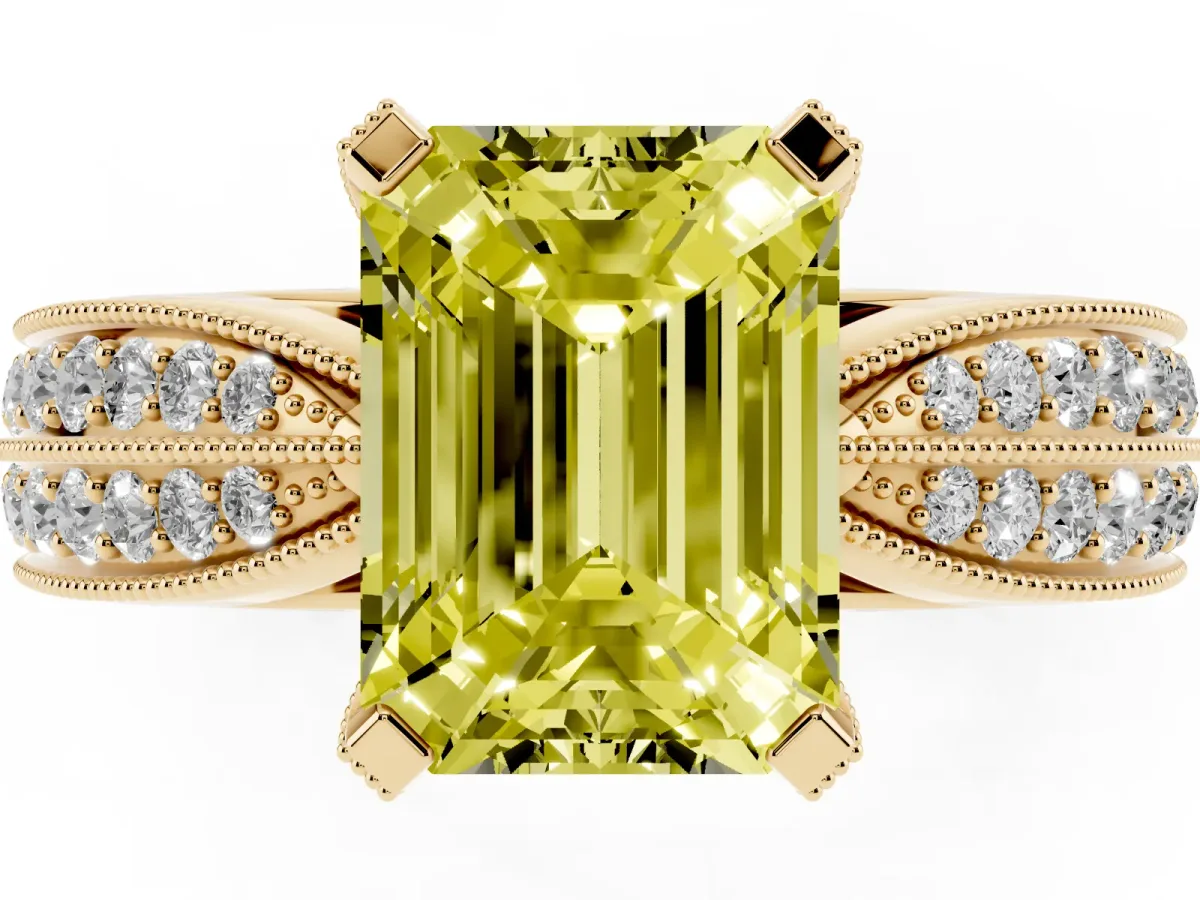 Fancy Yellow Emerald Cut Diamond Solitaire Ring with Milgrain Round Pavé Band and Prong Setting Yellow gold