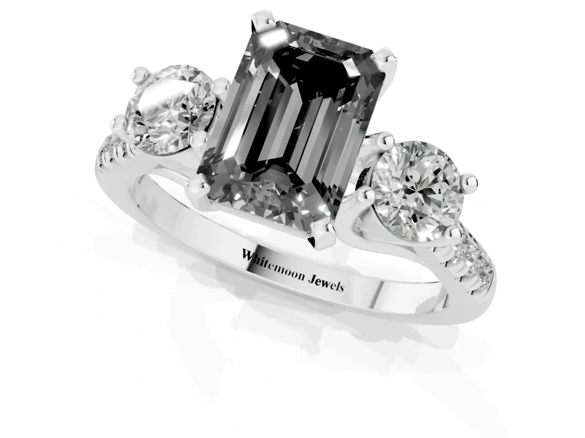 Fancy Black Three-Stone Emerald Cut Diamond Pavé Band with Four-Prong Setting Silver