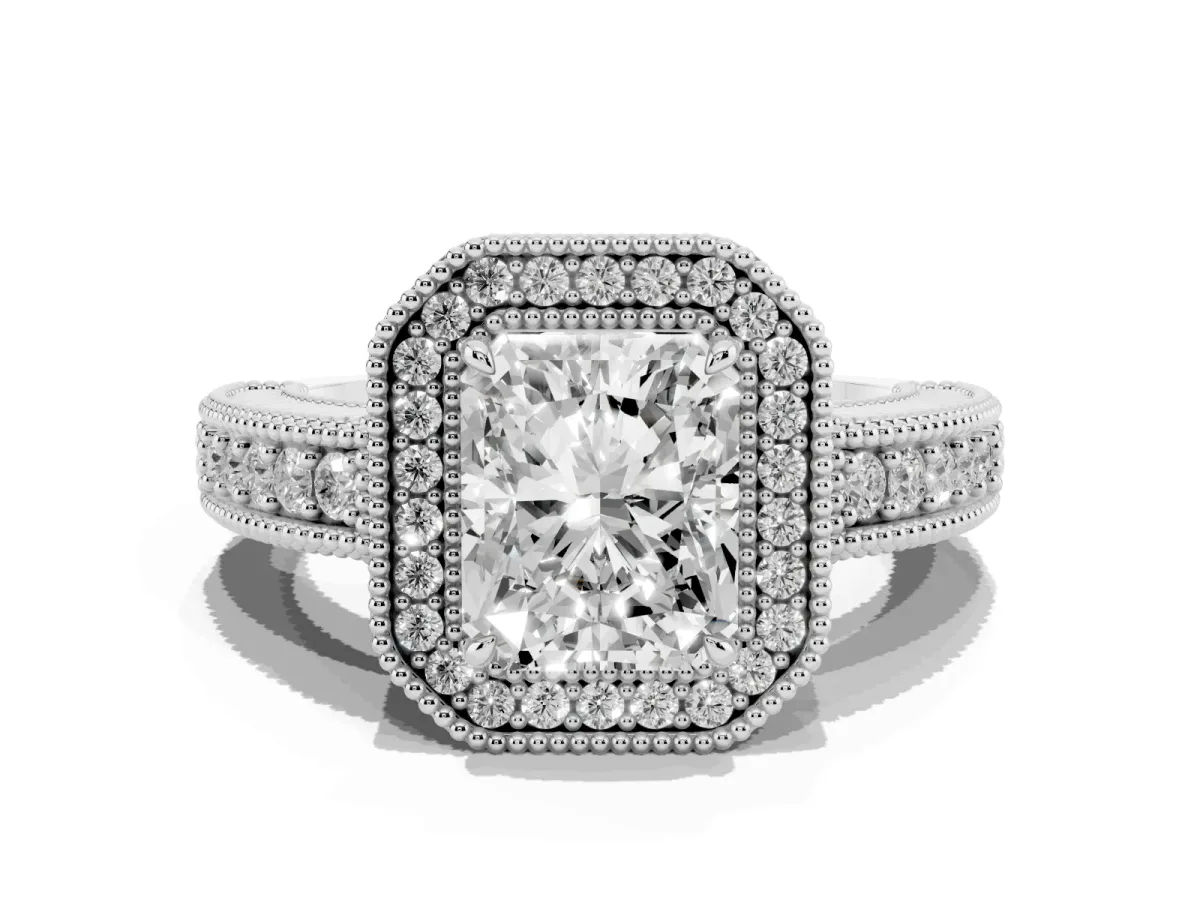 Radiant Cut Cut Halo Diamond Ring with Pavé Band and Four-Prong Setting Silver