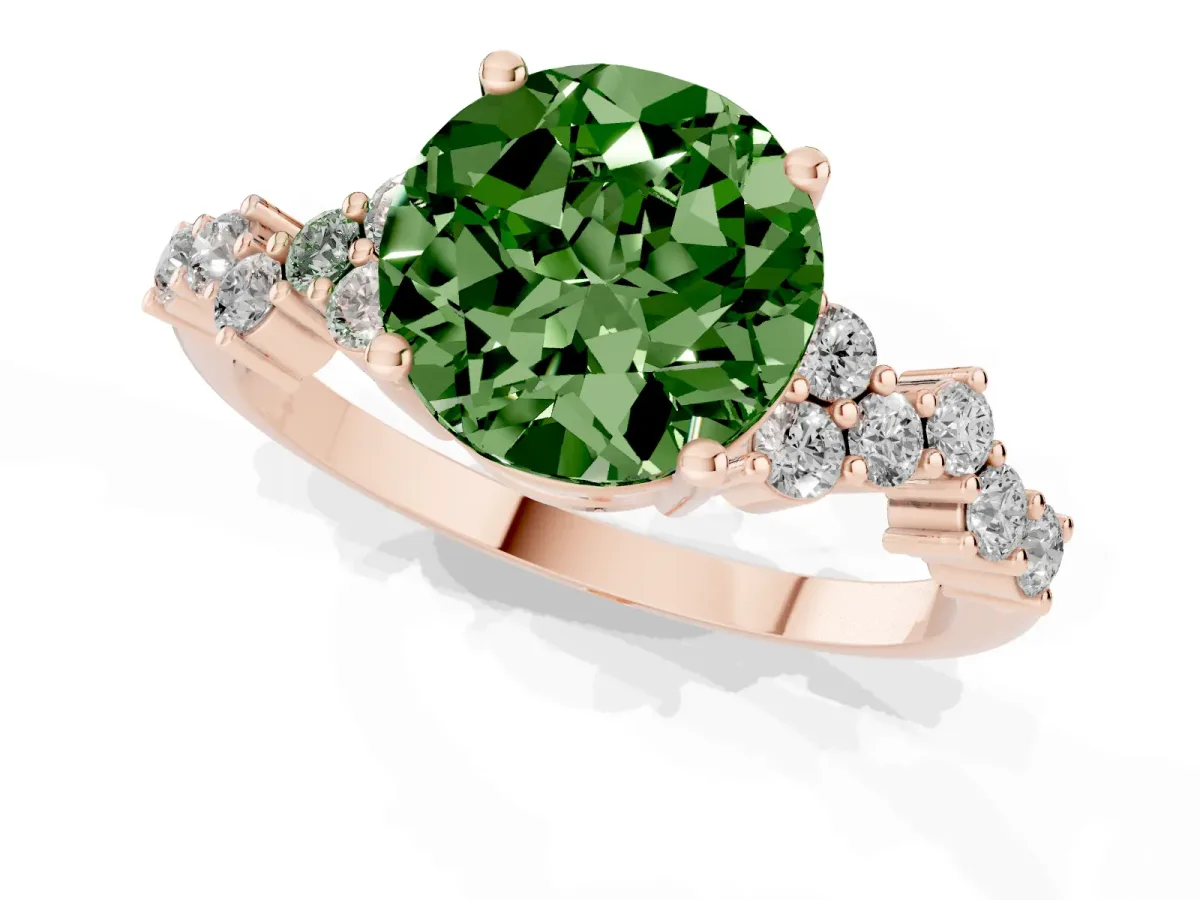 Fancy Green Round Cut Diamond Scattered Round Accent Ring with Prong Setting Rose gold