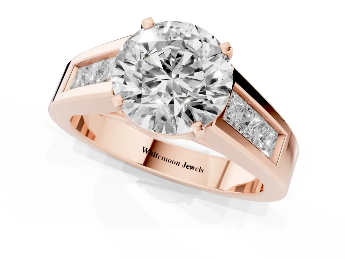 Round Cut Cut Channel Set Solitaire Ring with Four-Prong Setting Rose gold