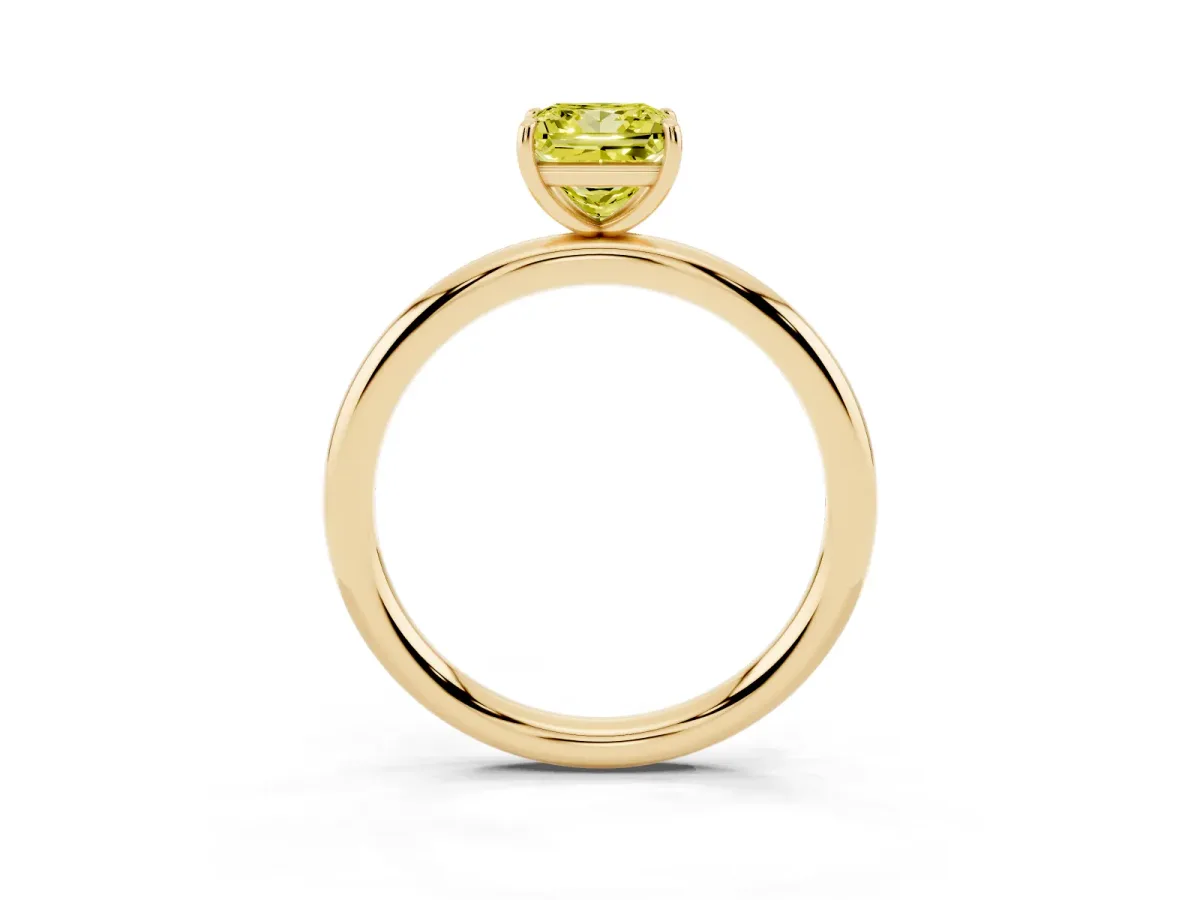 Fancy Yellow Princess Cut Solitaire Diamond Ring with Four-Prong Setting on a Plain Band Yellow gold
