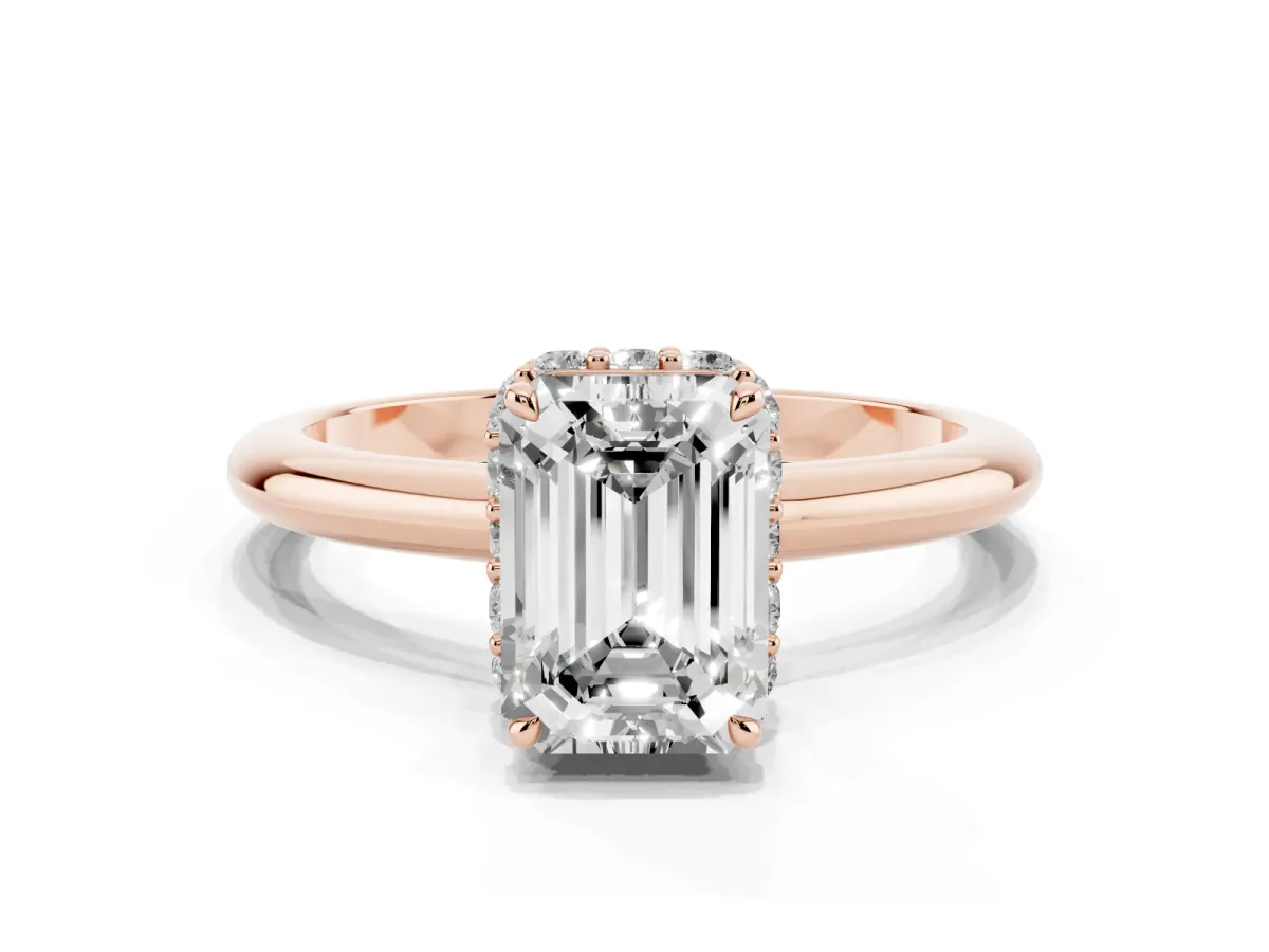 Emerald Cut Brilliant Solitaire Engagement Ring with Six-Prong Setting and Classic Band Rose gold