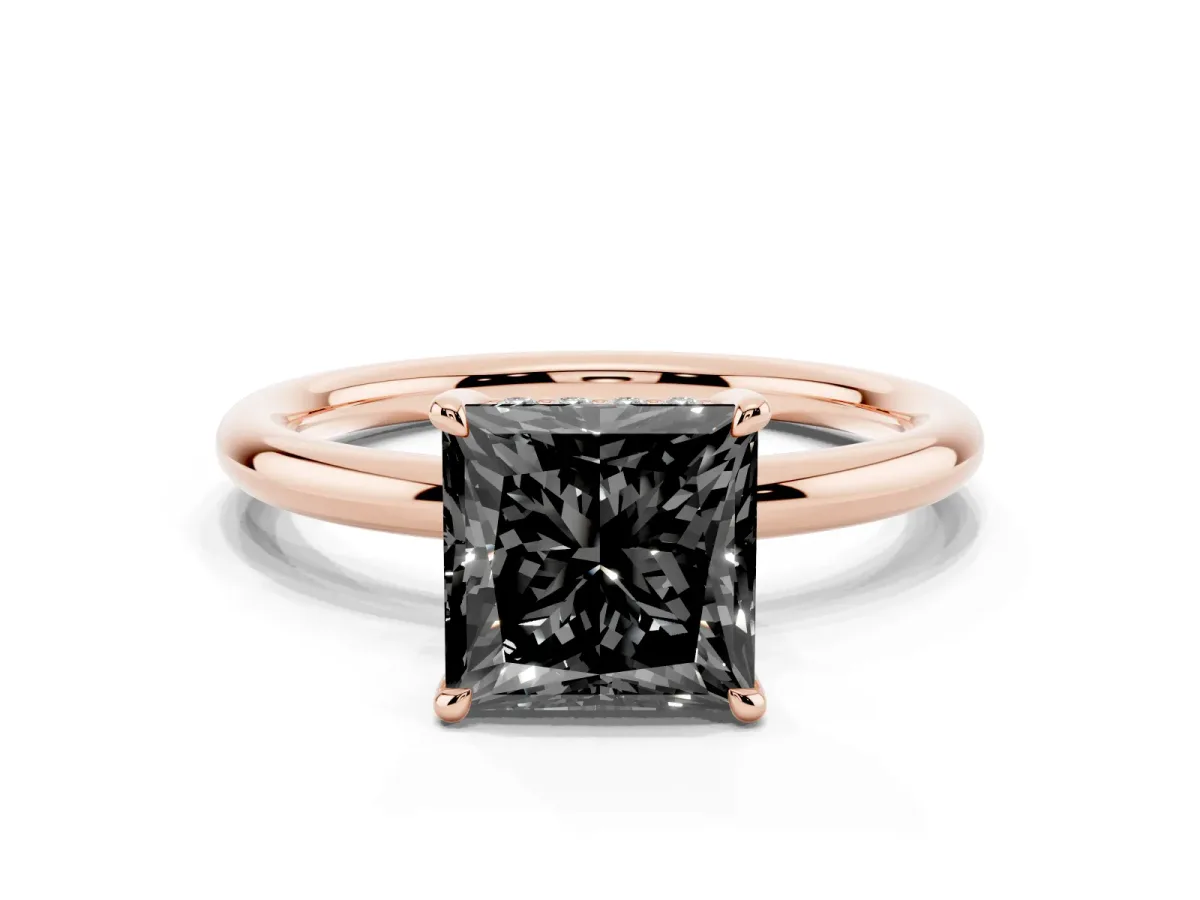 Fancy Black Princess Cut Diamond Solitaire Ring with Thin Band and Four-Prong Setting Rose gold