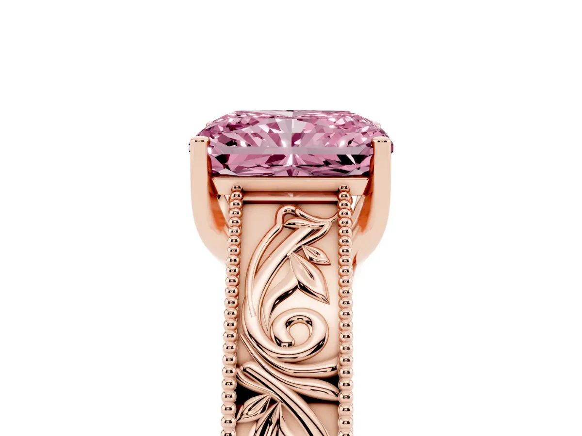 Fancy Pink Radiant Cut Diamond Solitaire Ring with Engraved Band and Four-Prong Setting Rose gold