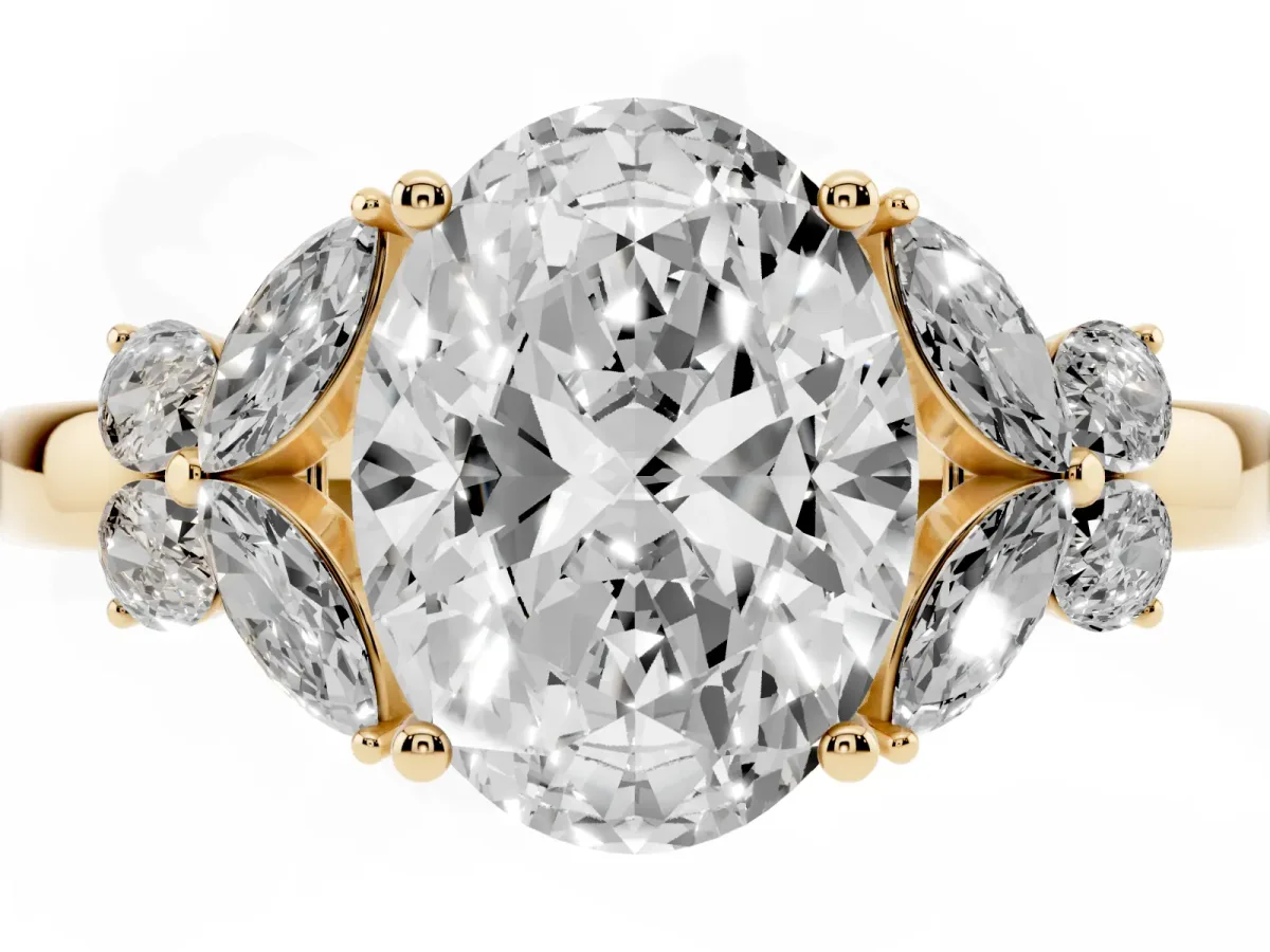 Oval Cut Cut Solitaire Floral Diamond Ring with Four-Prong Setting Yellow gold