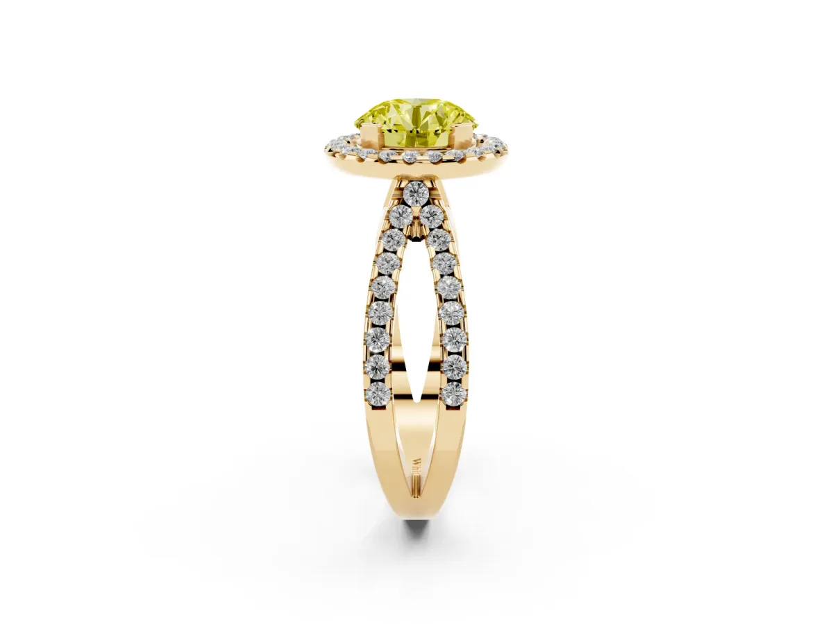 Fancy Yellow Round Cut Diamond Halo Ring with Split Shank Pavé Band and Prong Setting Yellow gold