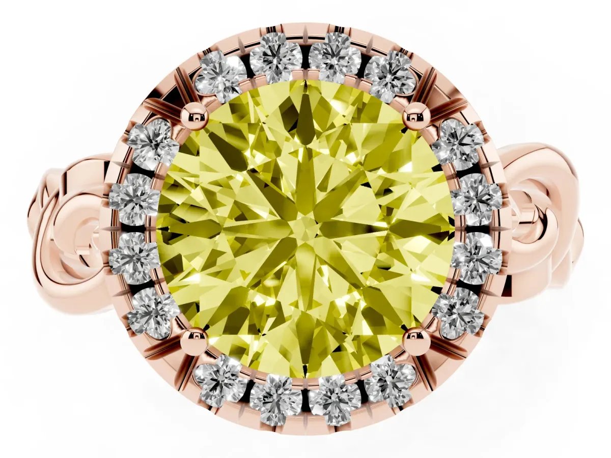 Fancy Yellow Round Cut Cut Halo Diamond Ring with Scrollwork Band and Four-Prong Setting Rose gold