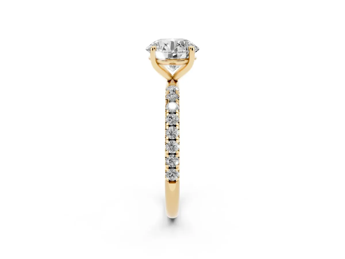 Round Cut Cut Diamond Solitaire Ring with Micro Pave Band and Four Prong Setting Yellow gold