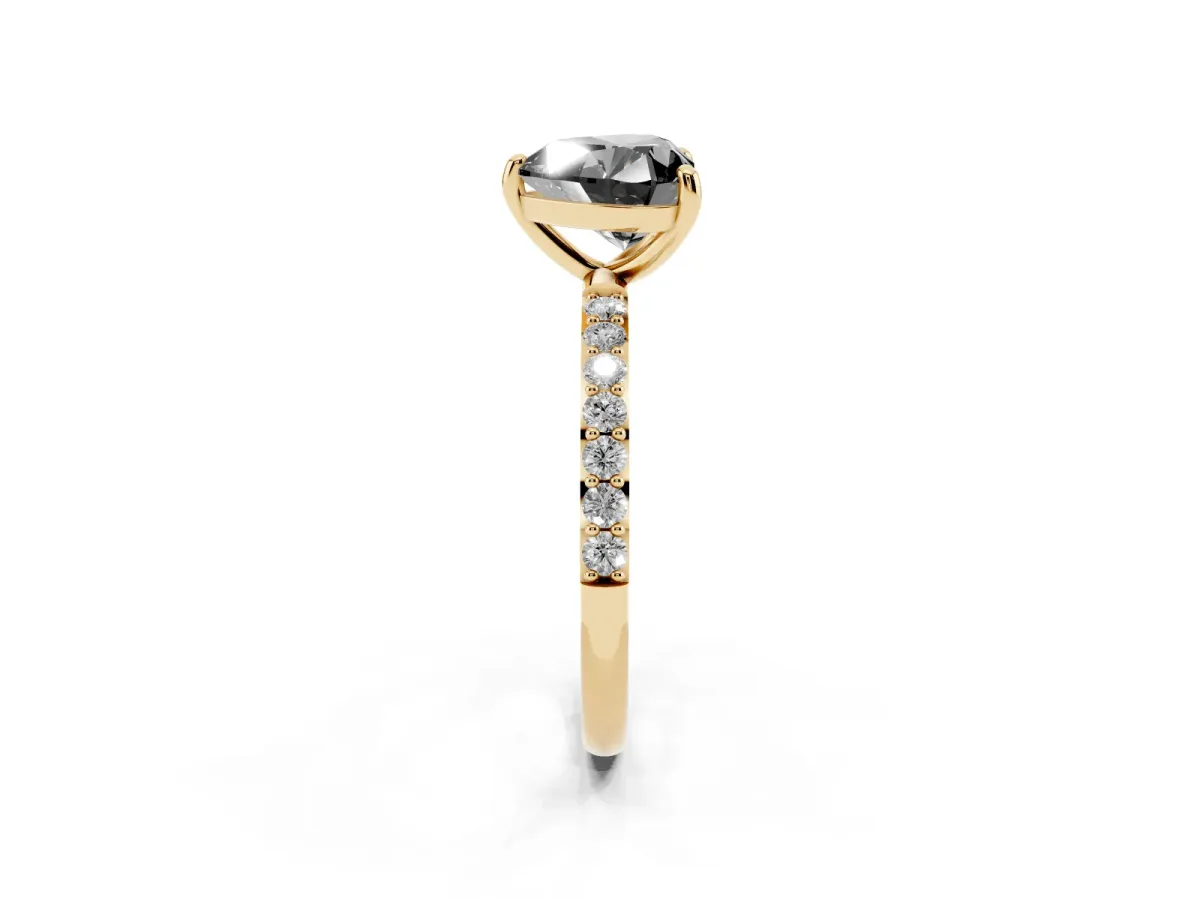 Fancy Black Heart Cut Diamond Solitaire Ring with Round Pavé Band and Prong Setting Yellow gold