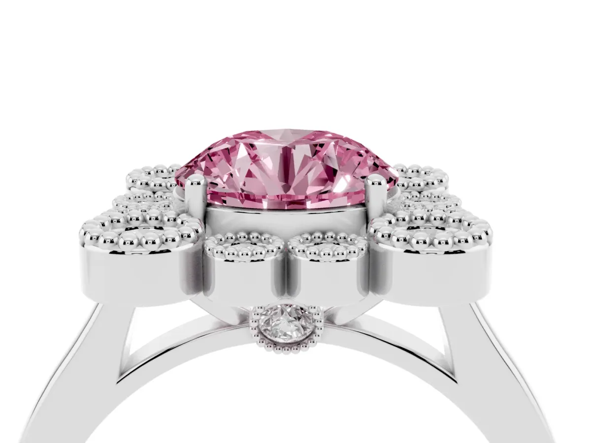 Fancy Pink Round Cut Halo Diamond Cluster Engagement Ring with Milgrain Bezel Setting and Solitaire Band Platinum
