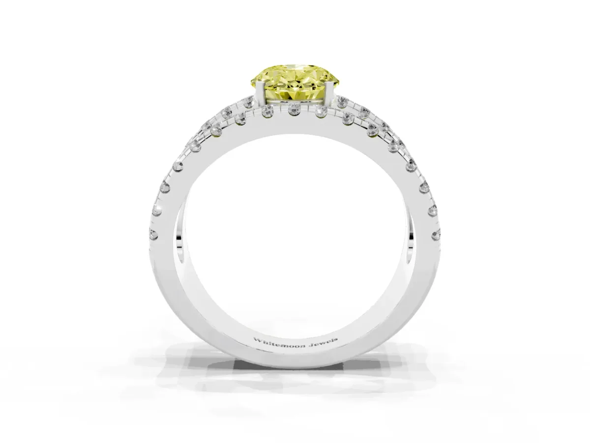 Fancy Yellow Oval Cut Solitaire Split Shank Pave Diamond Ring Silver