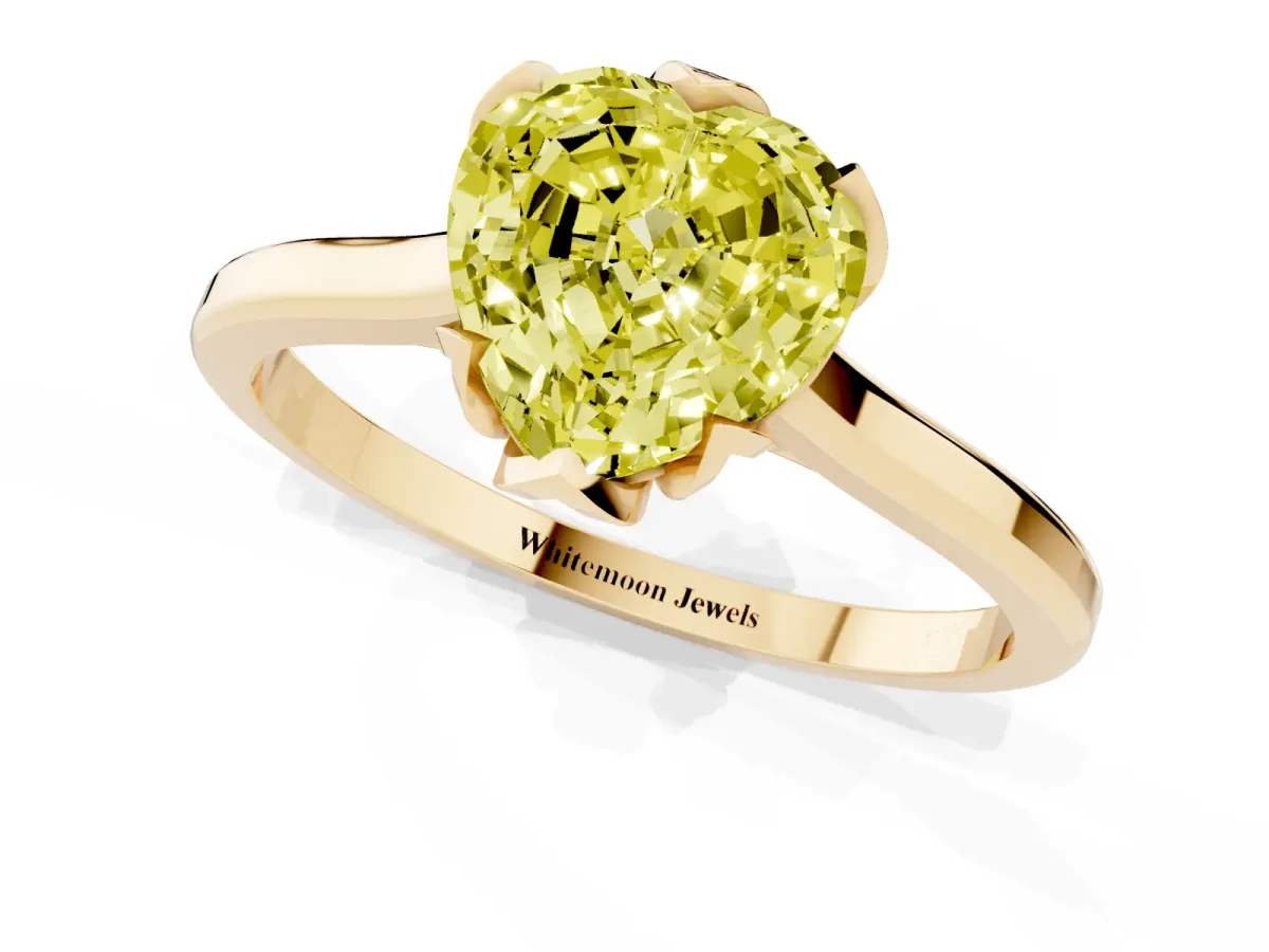 Fancy Yellow Heart Cut Diamond Solitaire Ring with Flower Prong Setting and Classic Band Yellow gold