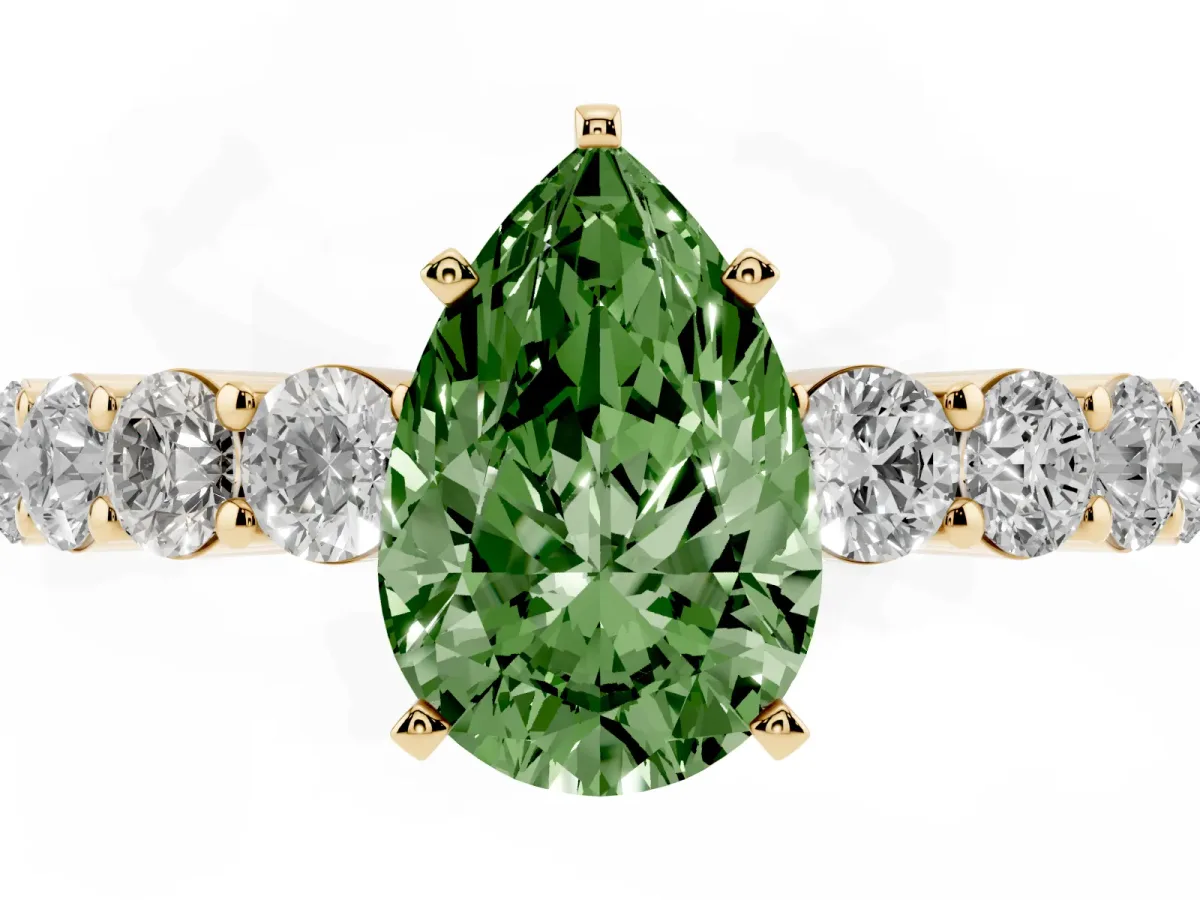 Fancy Green Pear Cut Diamond Solitaire Ring with Shared Prong Round Side Stones Yellow gold