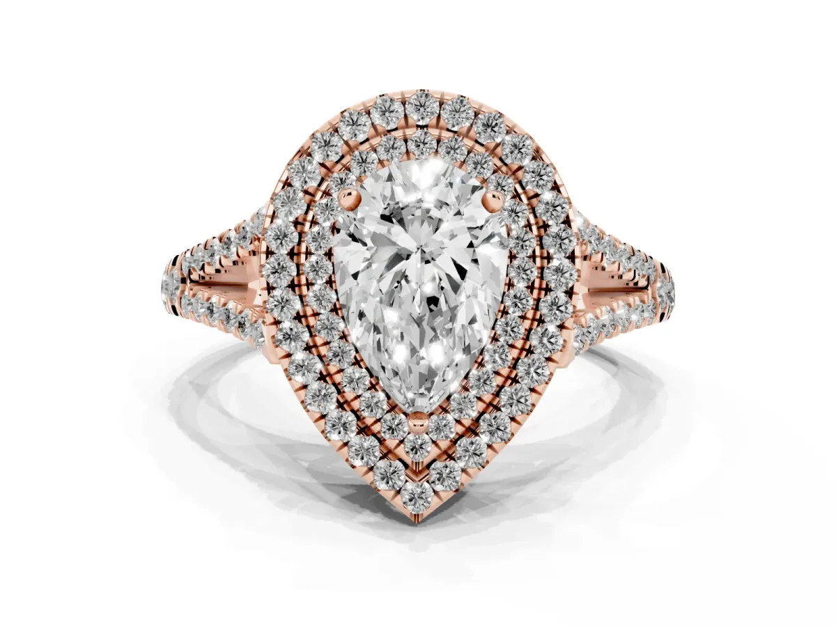 Pear Cut Diamond Double Halo Ring with Pavé Band and Prong Setting Rose gold