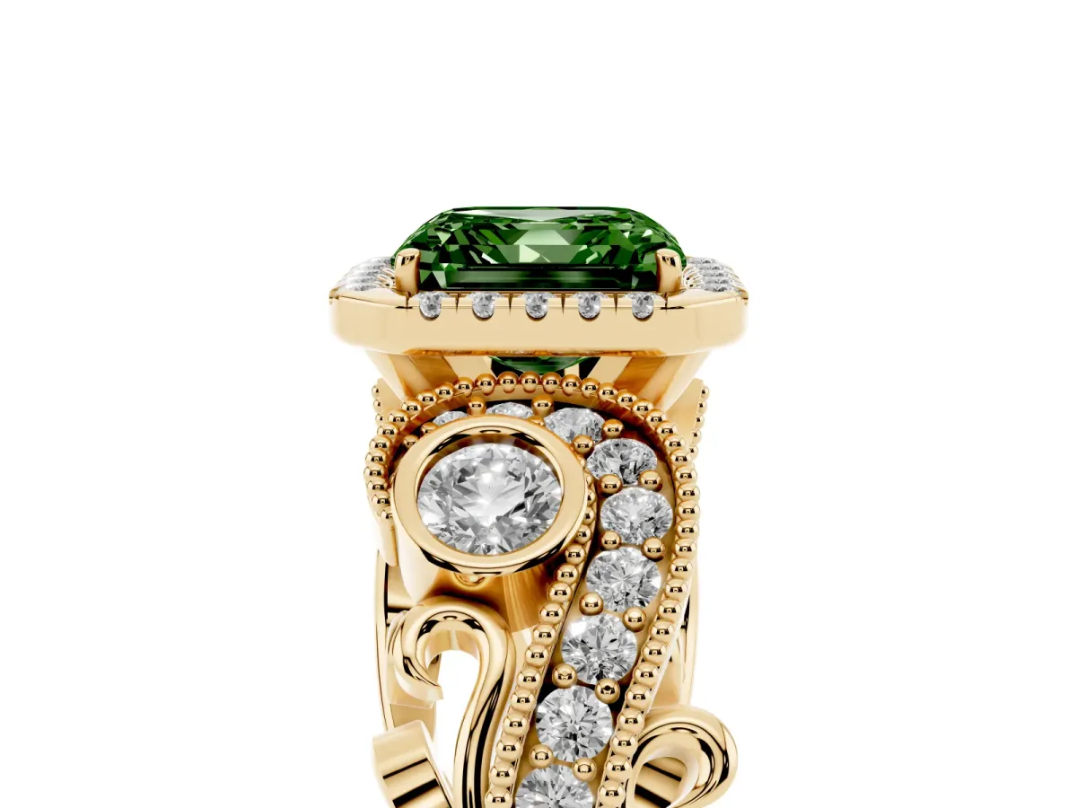 Fancy Green Asscher Cut Diamond Halo Ring with Milgrain Pavé Band and Four-Prong Setting Yellow gold