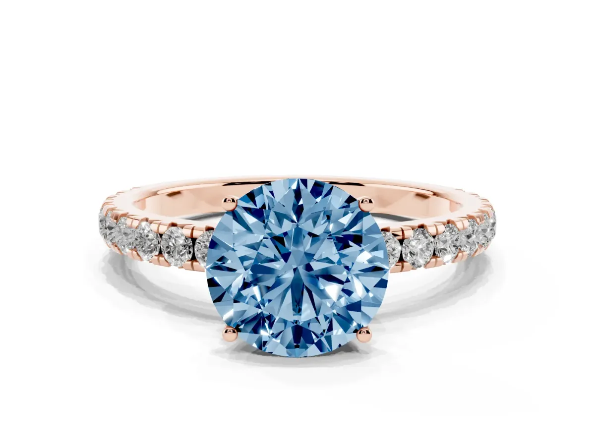 Fancy Blue Round Cut Diamond Pavé Solitaire Engagement Ring with Four-Prong Setting Rose gold
