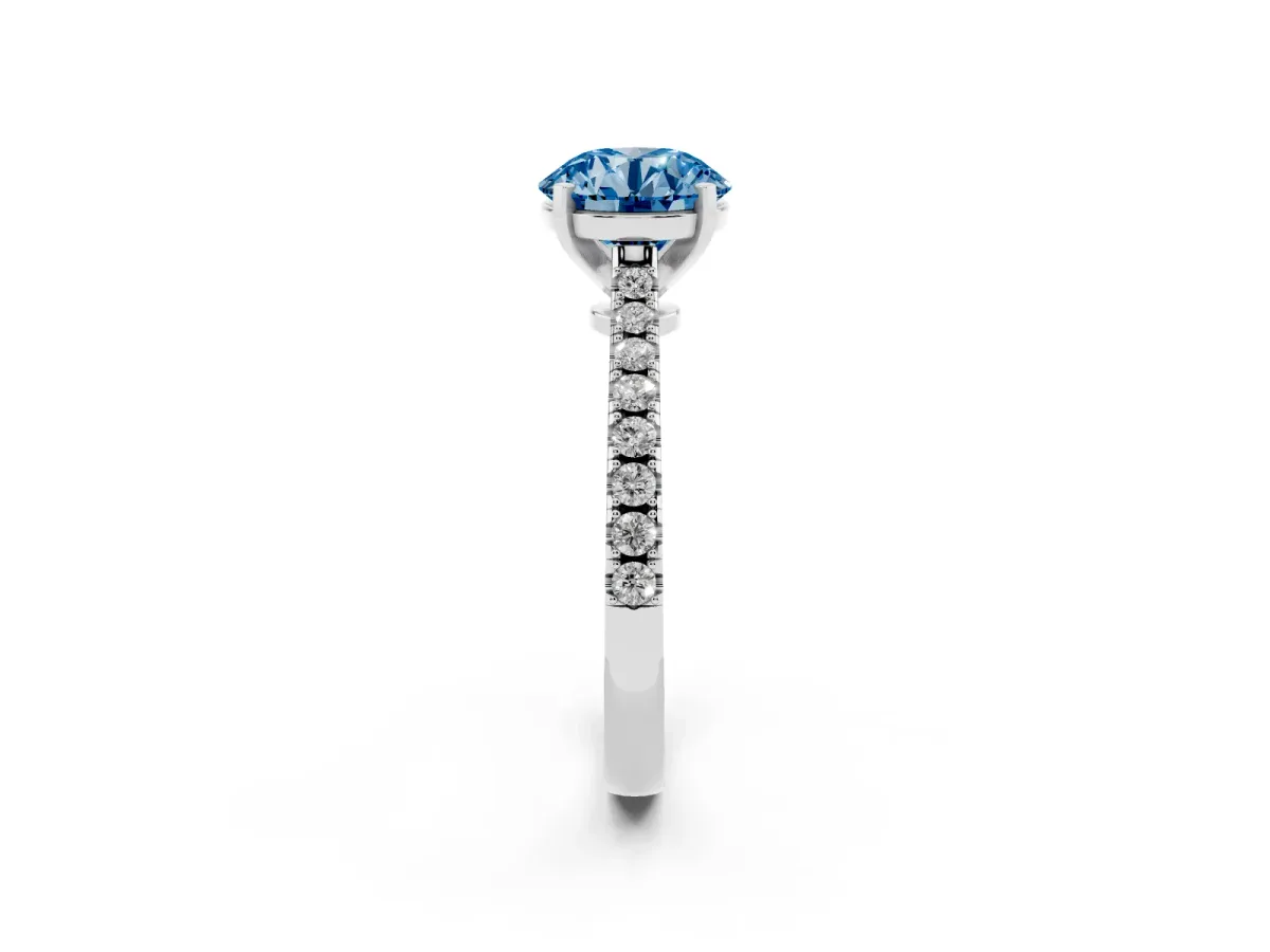 Fancy Blue Round Cut Cut Solitaire Diamond Engagement Ring with Pave Band and Four-Prong Setting Platinum