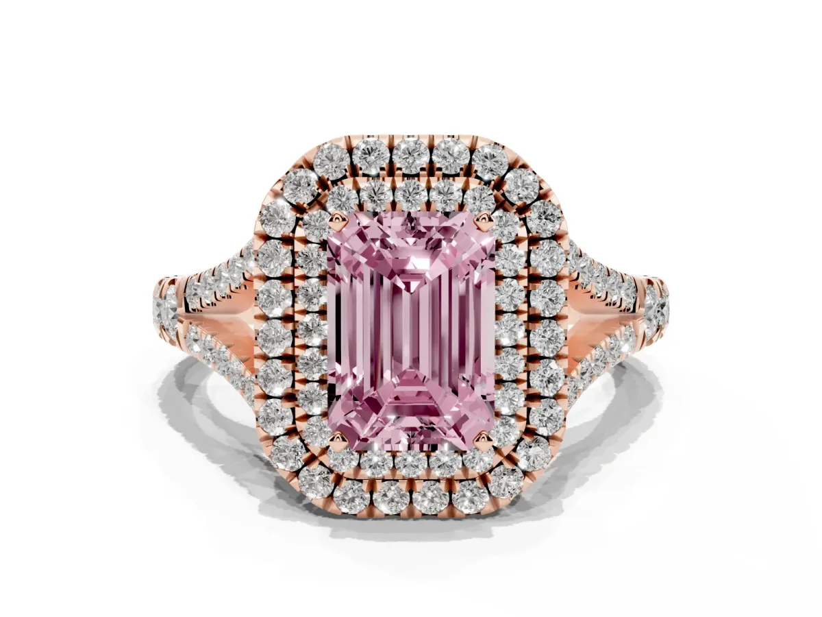 Fancy Pink Emerald Cut Diamond Pavé Split Shank Double Halo Engagement Ring Rose gold