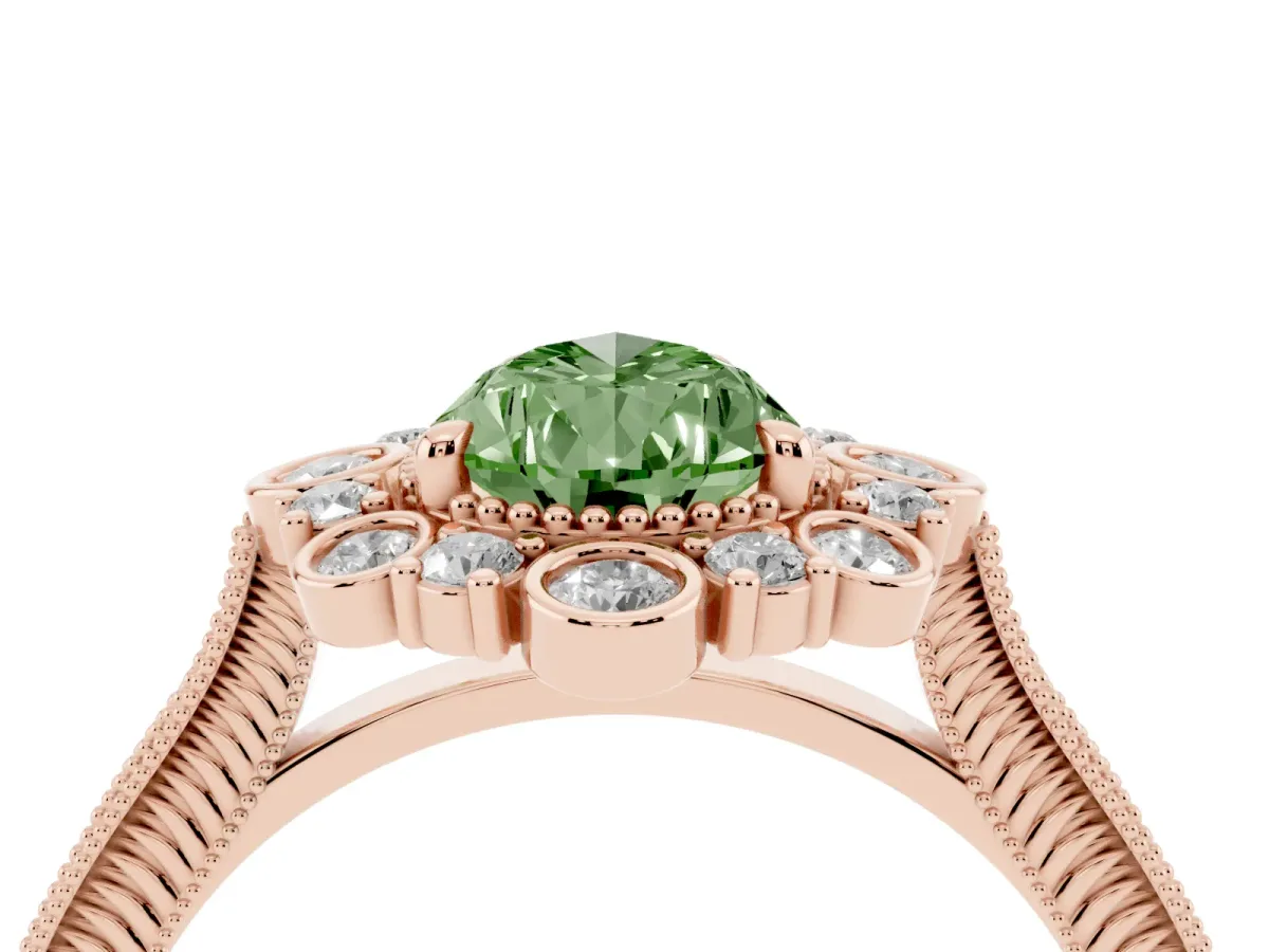 Fancy Green Pear Cut Halo Milgrain Pave Diamond Ring with Four-Prong Setting Rose gold
