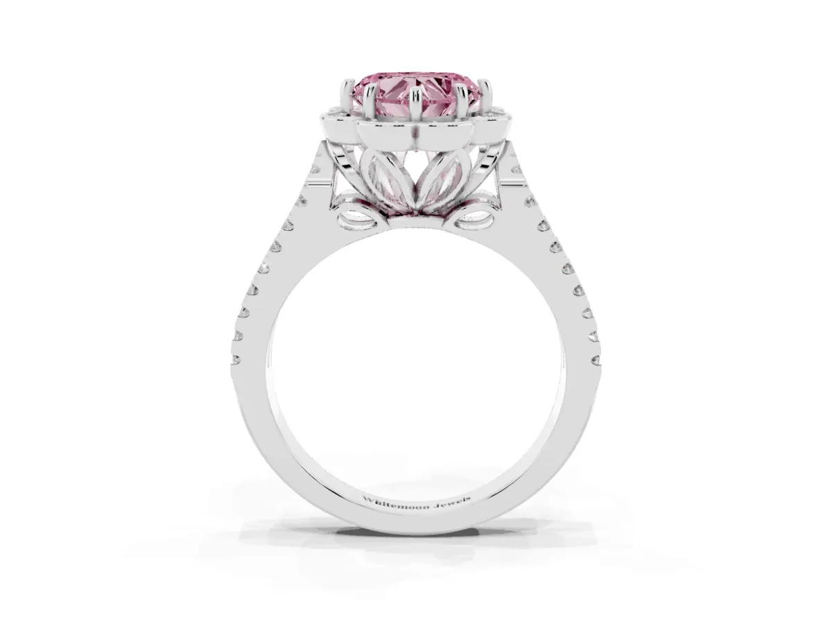 Fancy Pink Heart Cut Halo Diamond Floral Split Shank Engagement Ring Silver