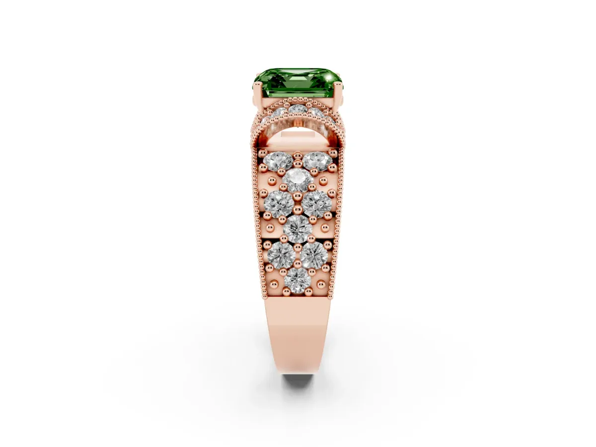Fancy Green Asscher Cut Halo Pave Diamond Engagement Ring with Milgrain Detailing Rose gold