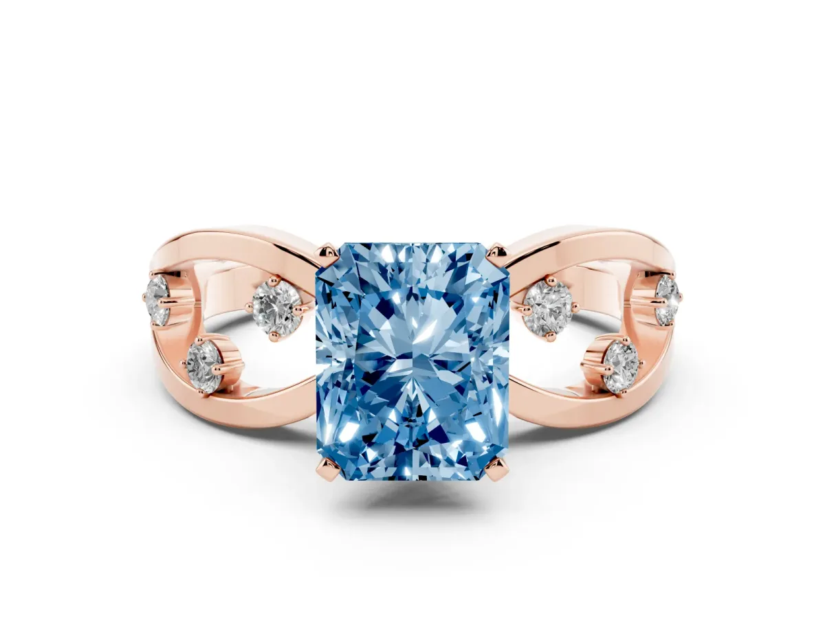 Fancy Blue Radiant Cut Cut Solitaire Diamond with Side Stones on Criss-Cross Band and Four-Prong Setting Rose gold