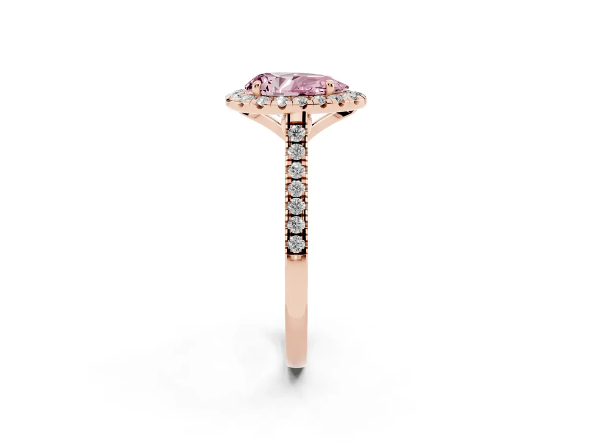 Fancy Pink Pear Cut Diamond Cushion Halo Ring with Pavé Band Rose gold