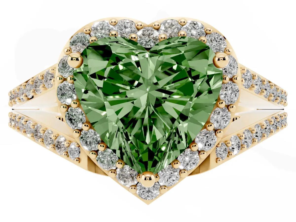 Fancy Green Heart Cut Halo Split Shank Diamond Ring with Prong Setting Yellow gold