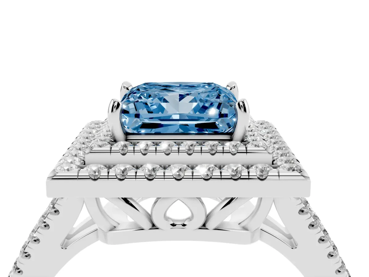 Fancy Blue Princess Cut Diamond Double Halo Ring with Pavé Band and Prong Setting Platinum