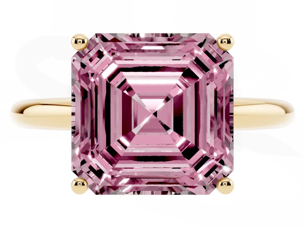 Fancy Pink Asscher Cut Cut Solitaire Engagement Ring with Four-Prong Setting and Classic Band Yellow gold