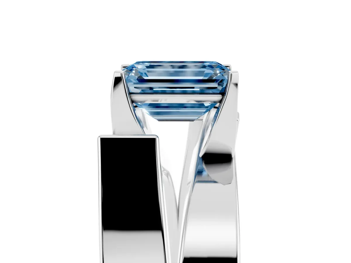 Fancy Blue Modern Tension Set Emerald Cut Diamond Solitaire Wide Band Ring Silver