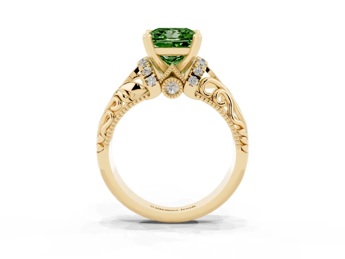Fancy Green Princess Cut Solitaire Filigree Engagement Ring with Halo and Prong Setting Yellow gold