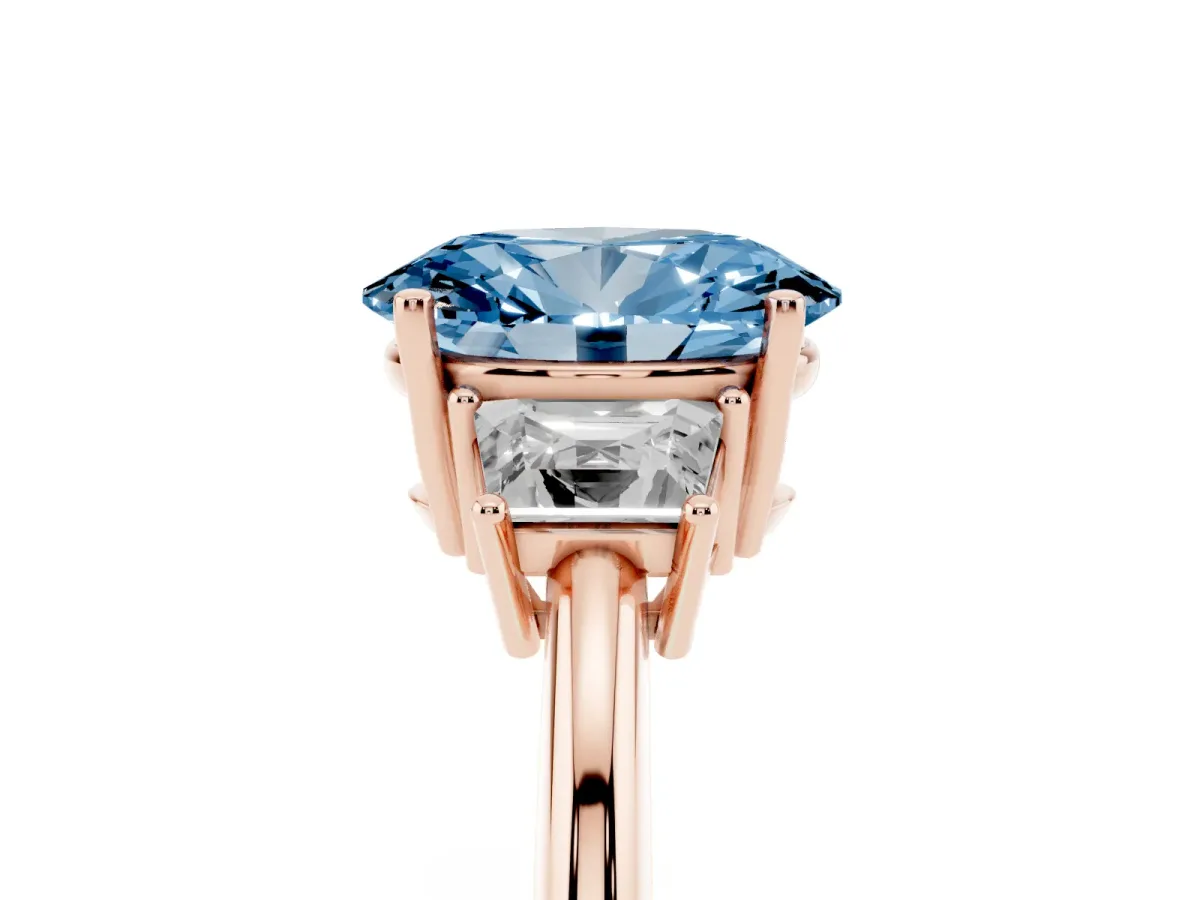 Fancy Blue Oval Cut Diamond Three-Stone Ring with Trapezoid Side Stones and Prong Setting Rose gold